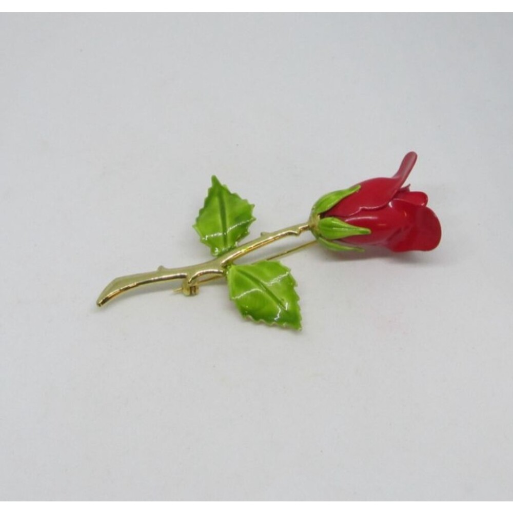 Vintage Red Rose Enameled Brooch With Green Leaves On Gold Tone Stem 3 in